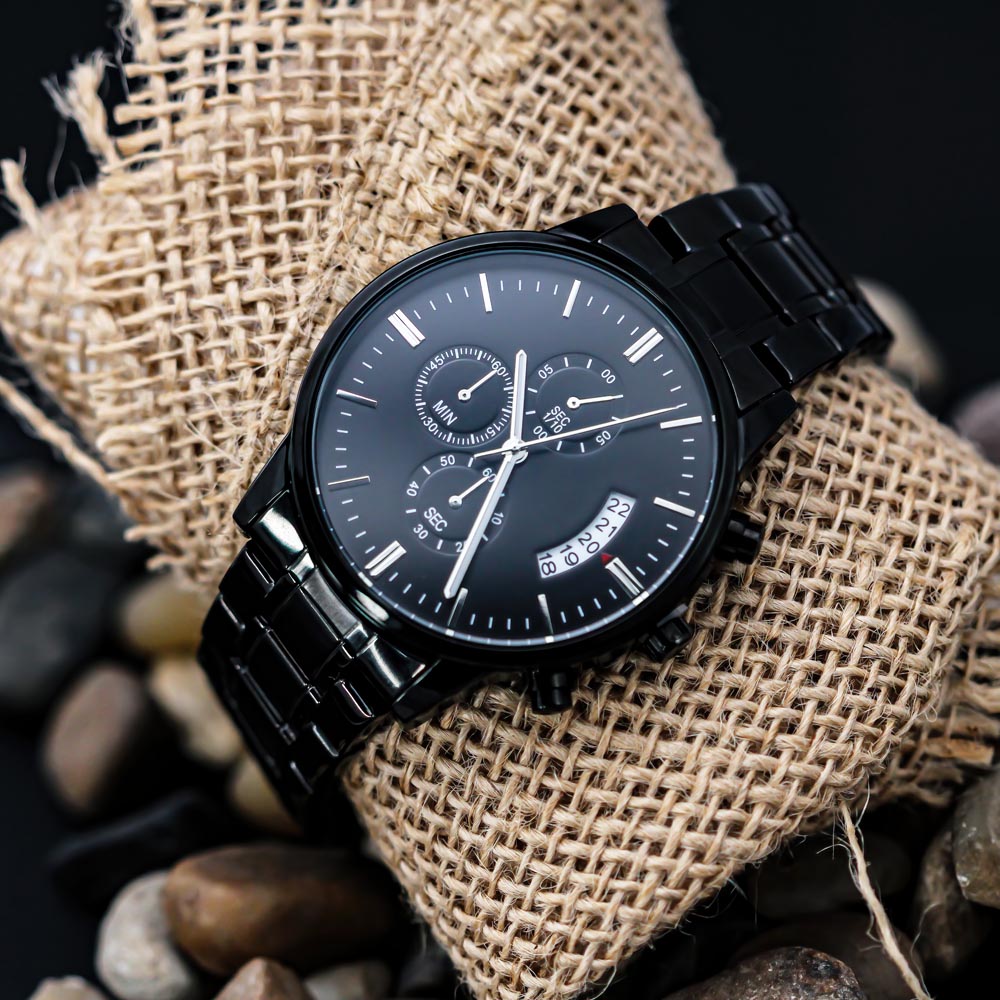 Custom Engraved Black Chronograph Watch – Personalized Men's Gift, Groomsmen, Anniversary & Father's Day