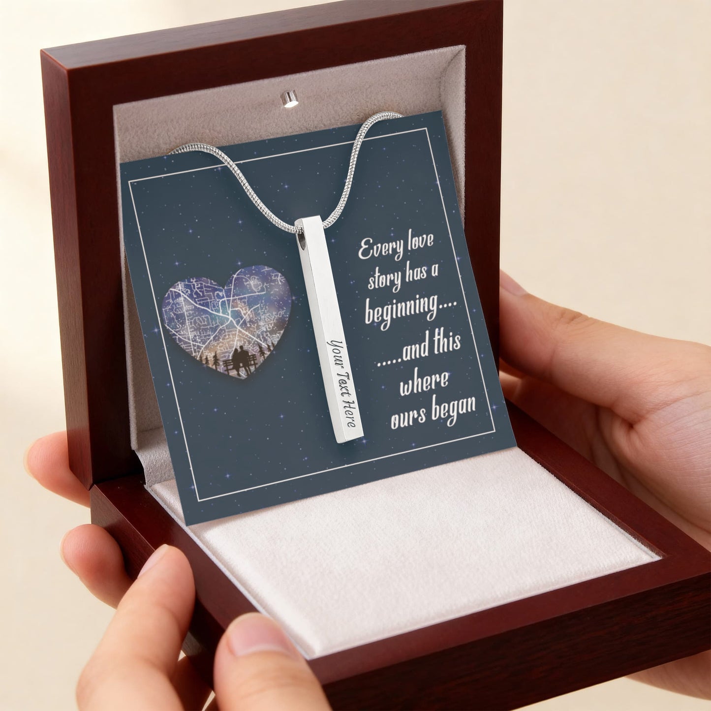 Custom Engraved 4-Sided Stick Necklace with Romantic Message Card – Personalized Love Story Gift for Wife, Girlfriend, Anniversary or Valentine's Day