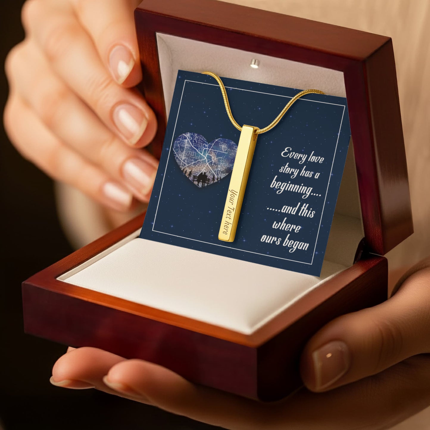 Custom Engraved 4-Sided Stick Necklace with Romantic Message Card – Personalized Love Story Gift for Wife, Girlfriend, Anniversary or Valentine's Day