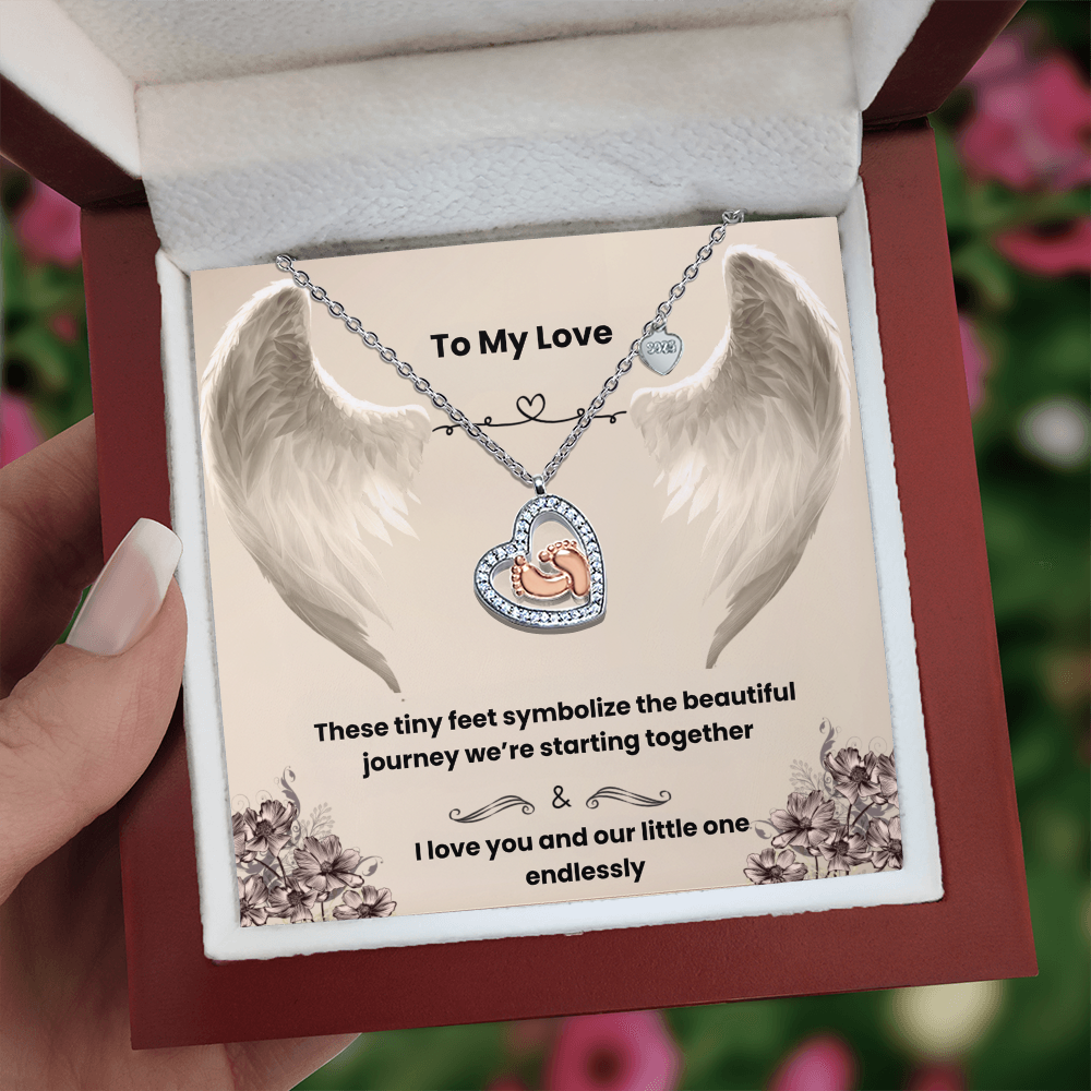 Baby Feet Heart Necklace with Love Message Card – Rose Gold Sterling Silver Gift for New Moms & Moms-to-Be
