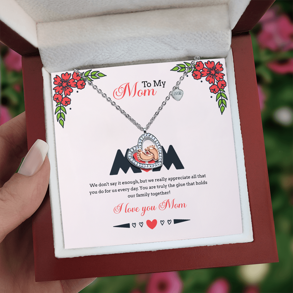 Heart & Baby Feet Necklace with Message Card – Meaningful Gift for Mom from Son or Daughter
