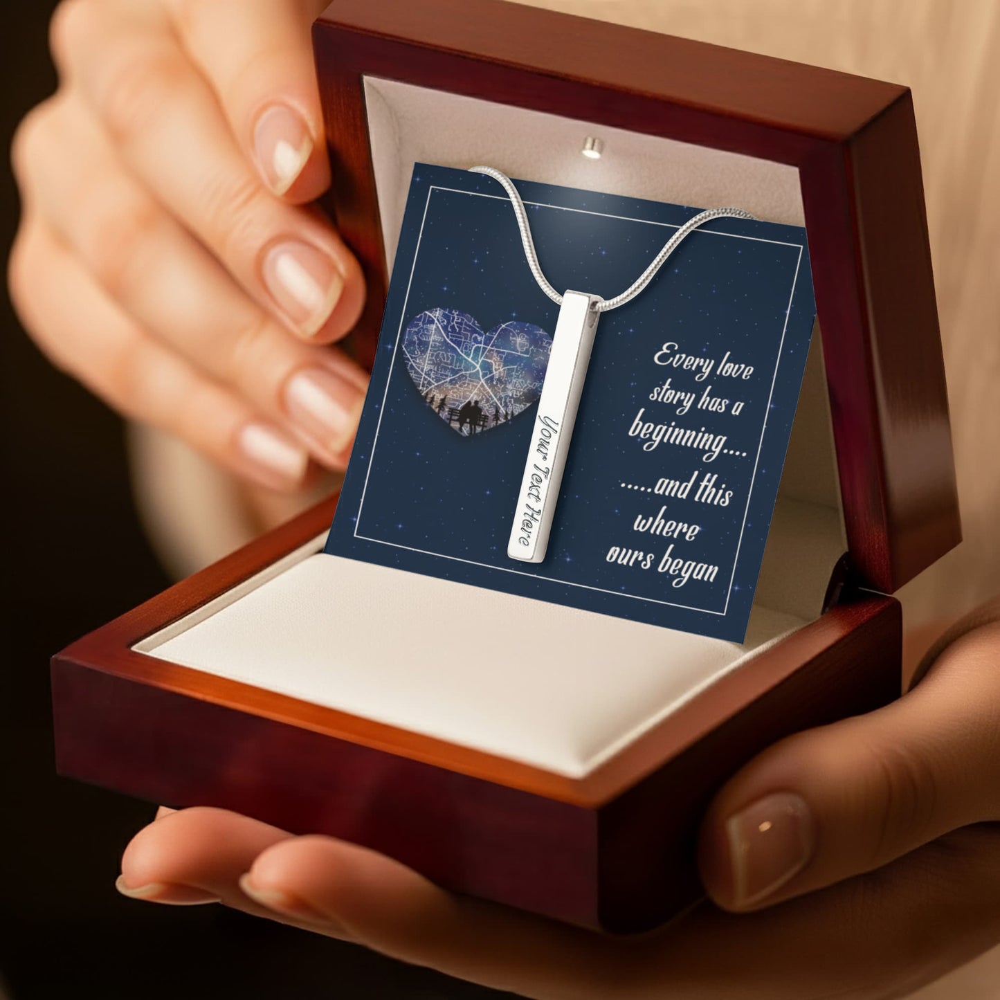 Custom Engraved 4-Sided Stick Necklace with Romantic Message Card – Personalized Love Story Gift for Wife, Girlfriend, Anniversary or Valentine's Day