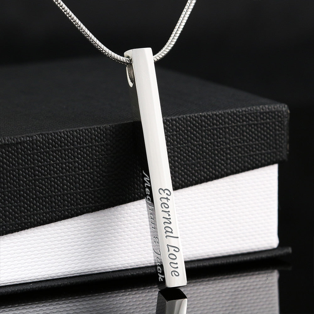 Custom Engraved 4-Sided Stick Necklace – Personalized Bar Pendant with Names, Dates & Words – Stainless Steel or 18k Gold – Graduation, Anniversary, Wedding Gift