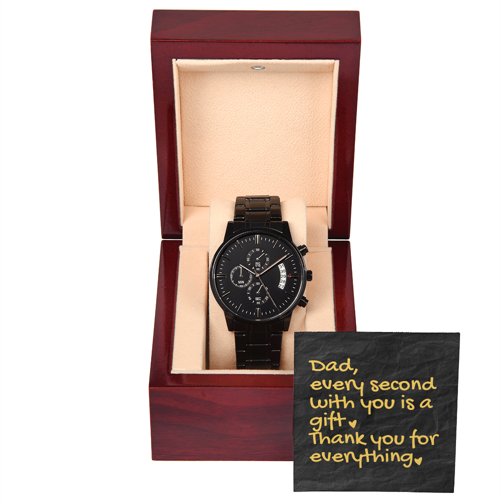 Gift for Dad  - Men's Black Chronograph Watch – Luxury Stainless Steel Timepiece, Water-Resistant Gift for Dad