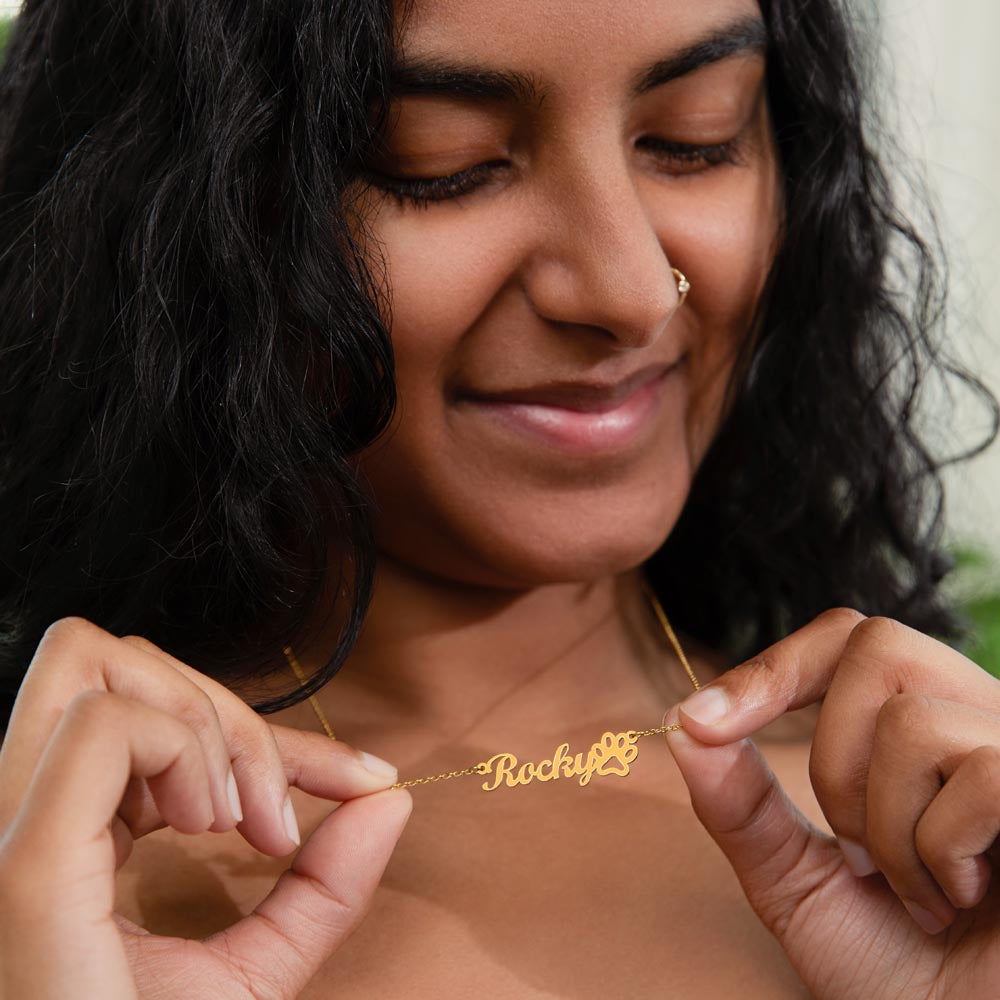 Personalized Paw Print Name Necklace – Custom Pet Lover Jewelry Gift, Stainless Steel or 18K Gold