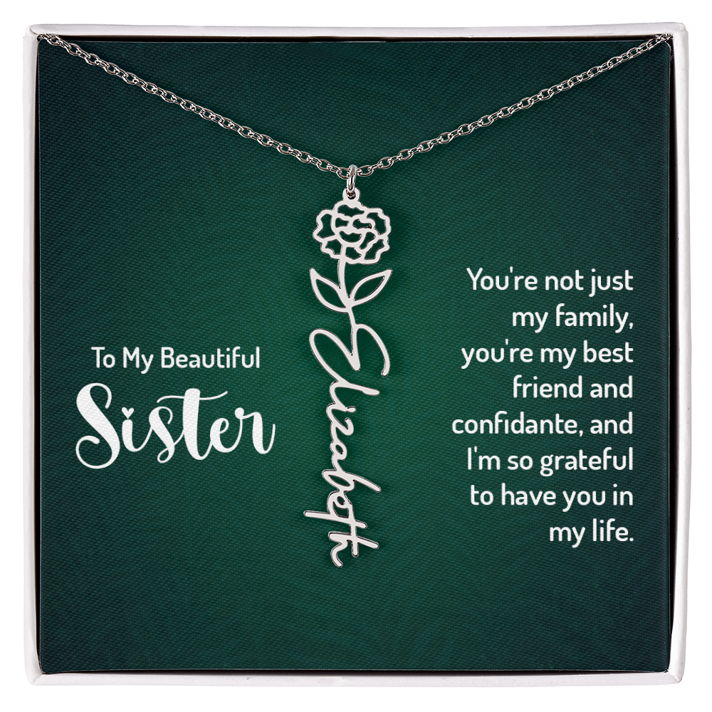 Personalized Flower Name Necklace with Sister Message Card – Custom Birth Flower Jewelry Gift for Sister