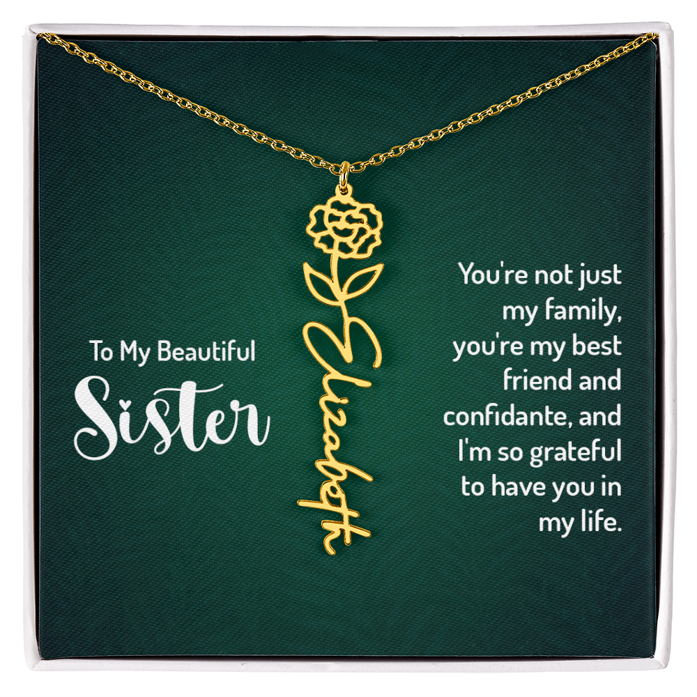 Personalized Flower Name Necklace with Sister Message Card – Custom Birth Flower Jewelry Gift for Sister