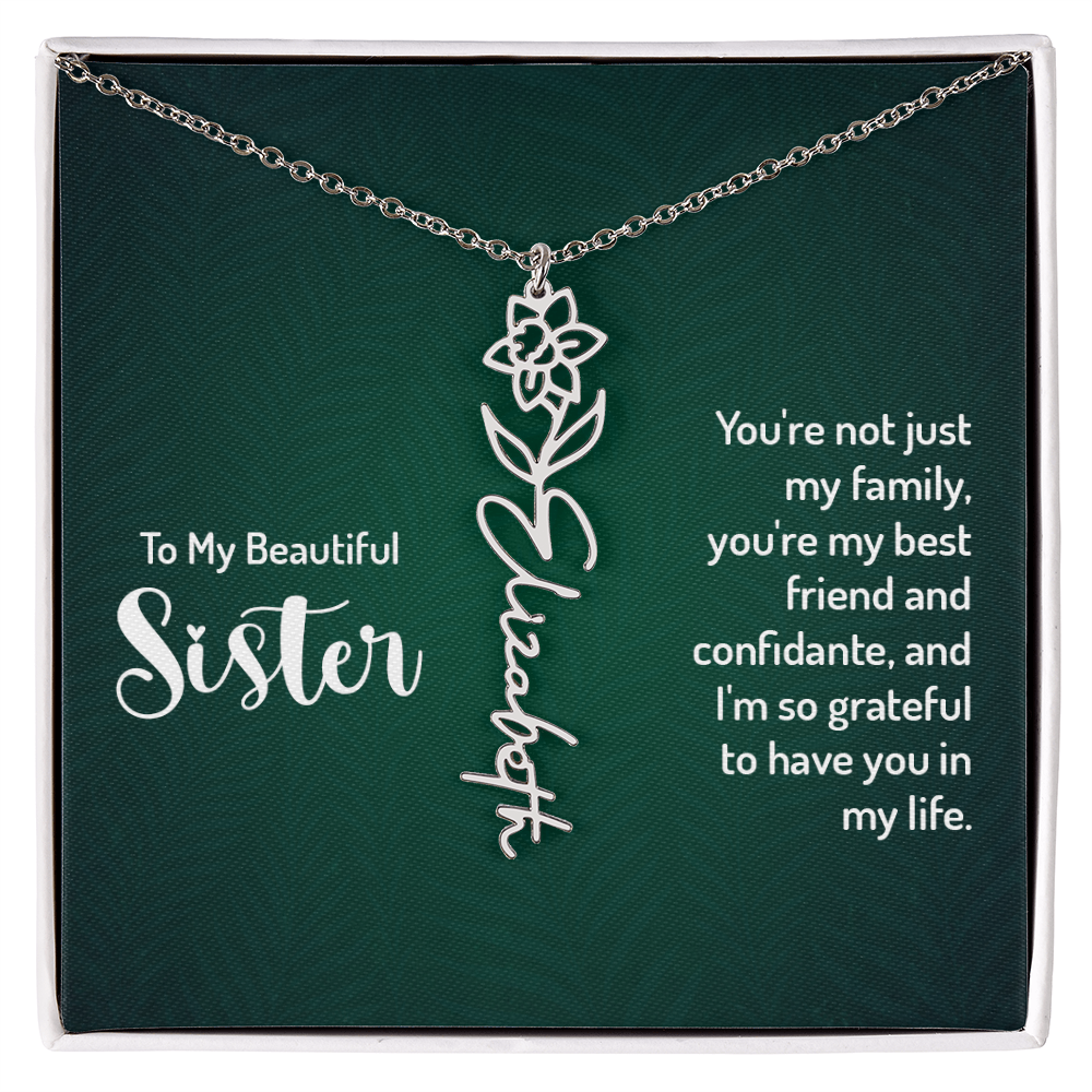 Personalized Flower Name Necklace with Sister Message Card – Custom Birth Flower Jewelry Gift for Sister
