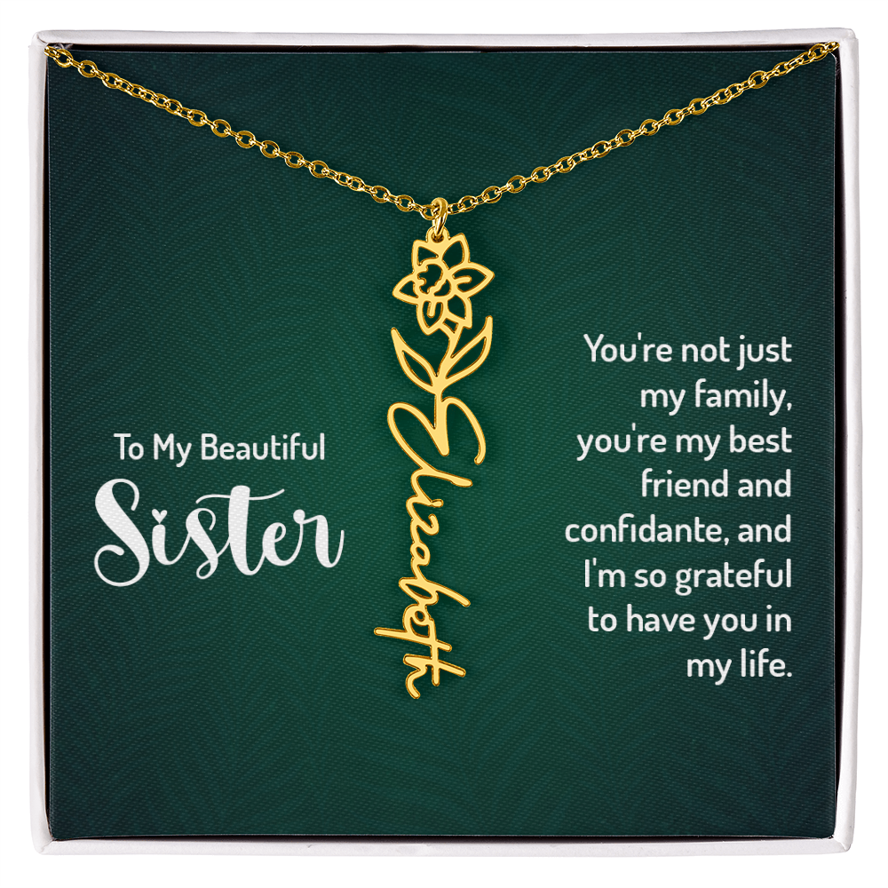 Personalized Flower Name Necklace with Sister Message Card – Custom Birth Flower Jewelry Gift for Sister