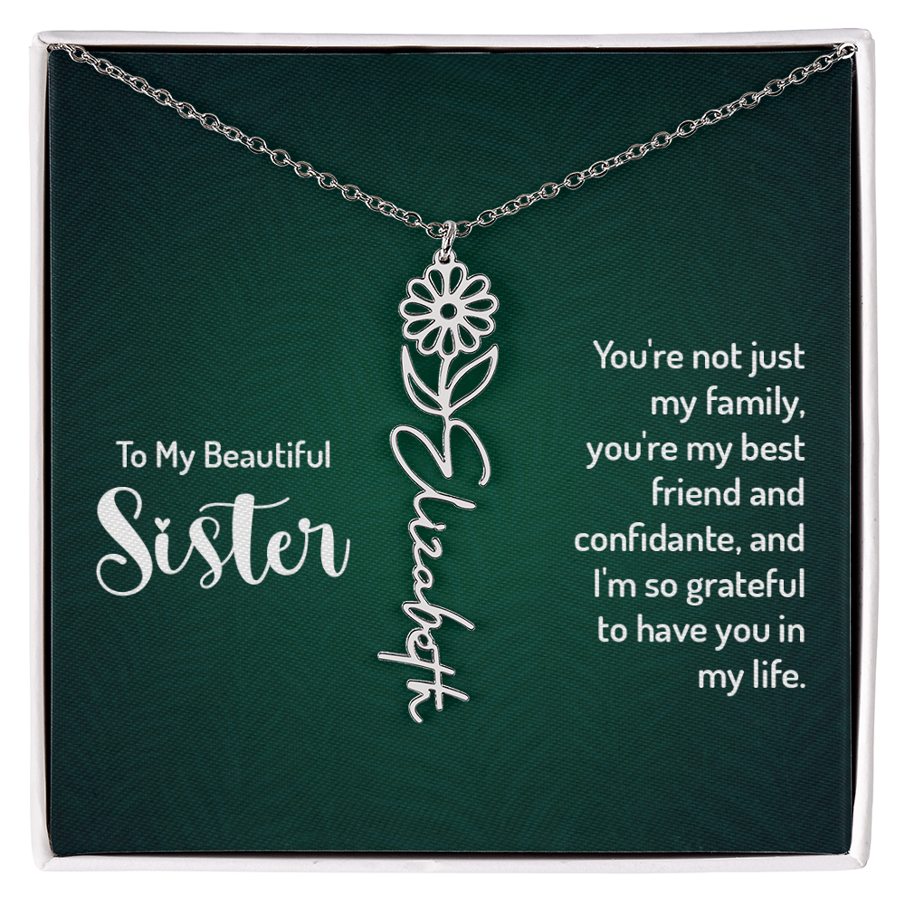 Personalized Flower Name Necklace with Sister Message Card – Custom Birth Flower Jewelry Gift for Sister