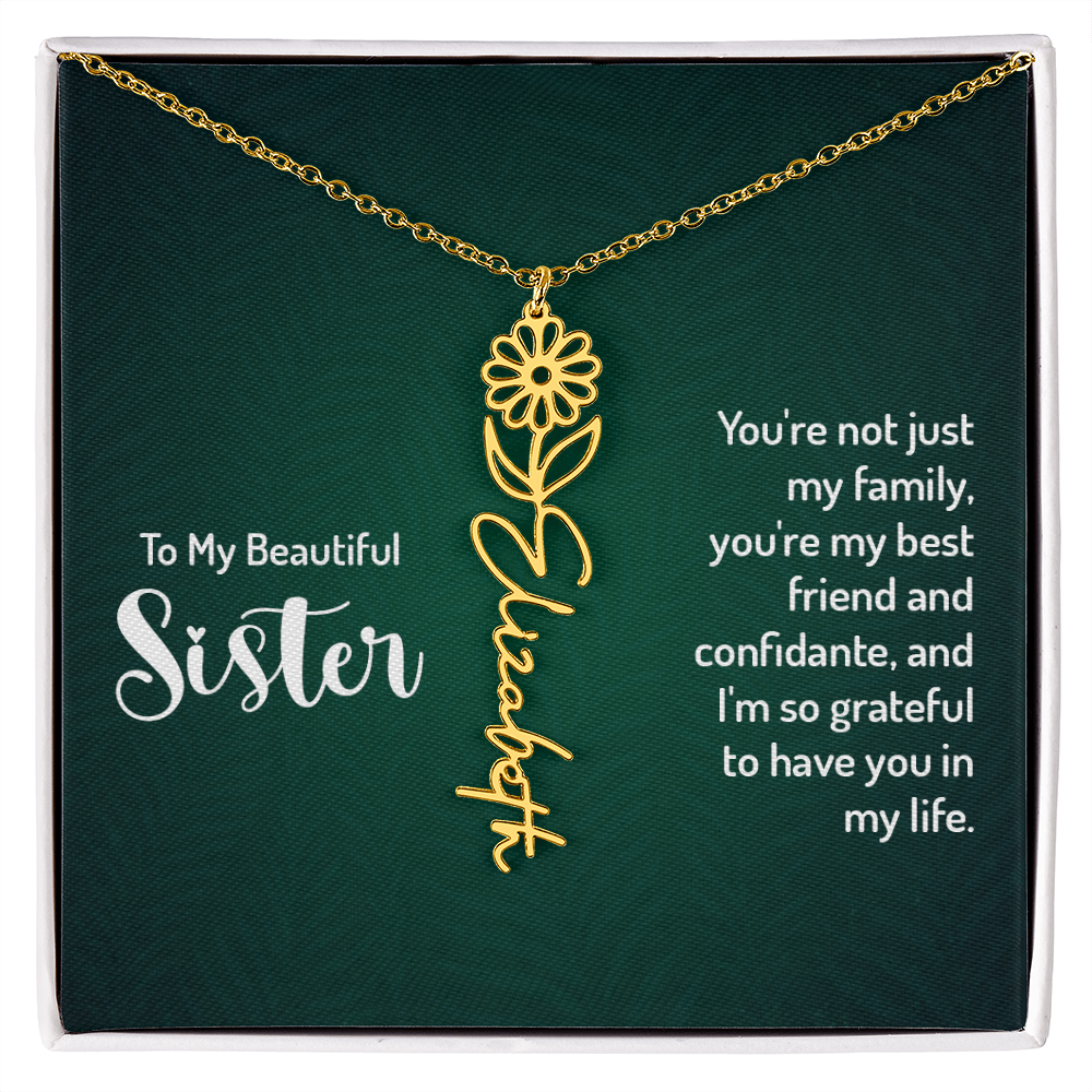 Personalized Flower Name Necklace with Sister Message Card – Custom Birth Flower Jewelry Gift for Sister