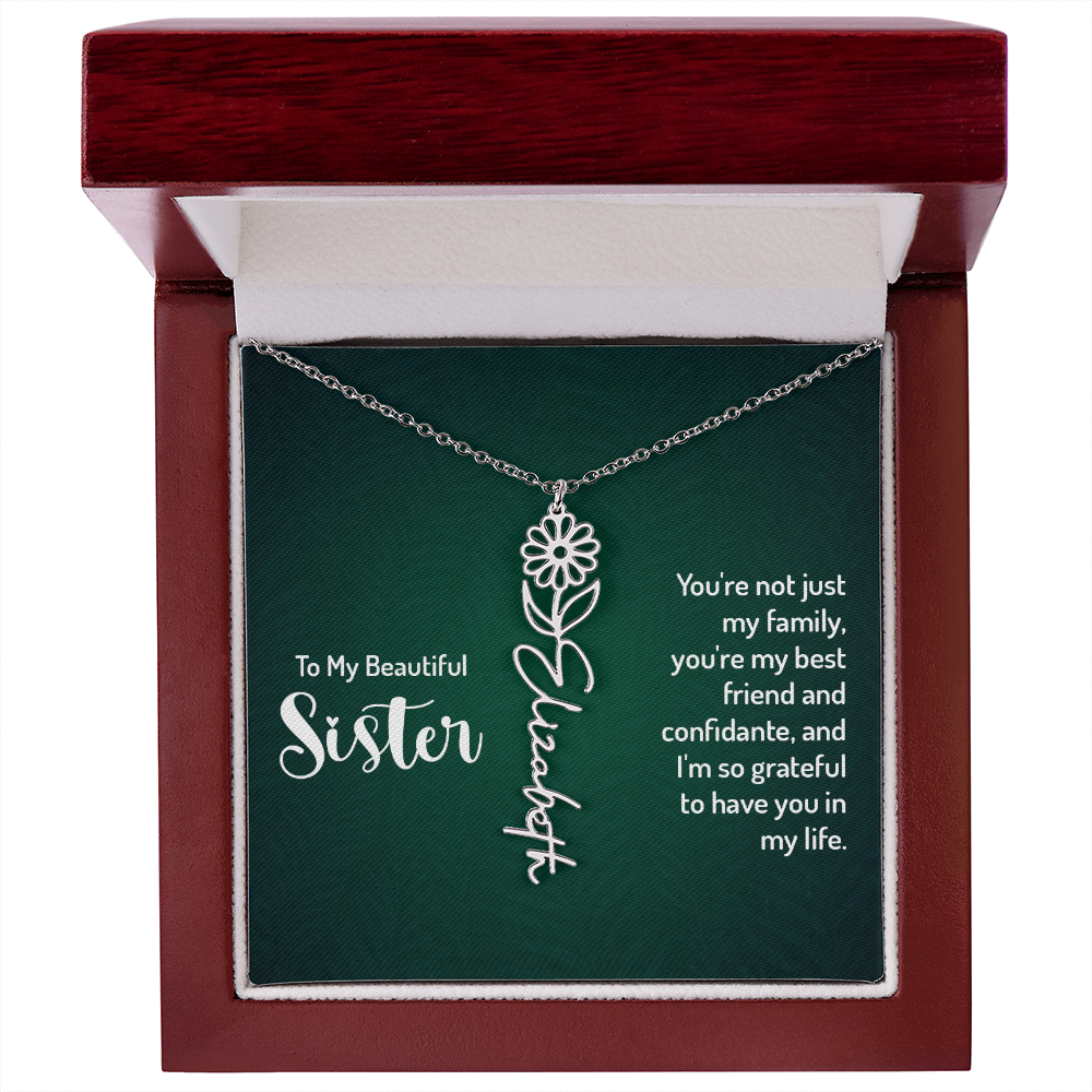 Personalized Flower Name Necklace with Sister Message Card – Custom Birth Flower Jewelry Gift for Sister