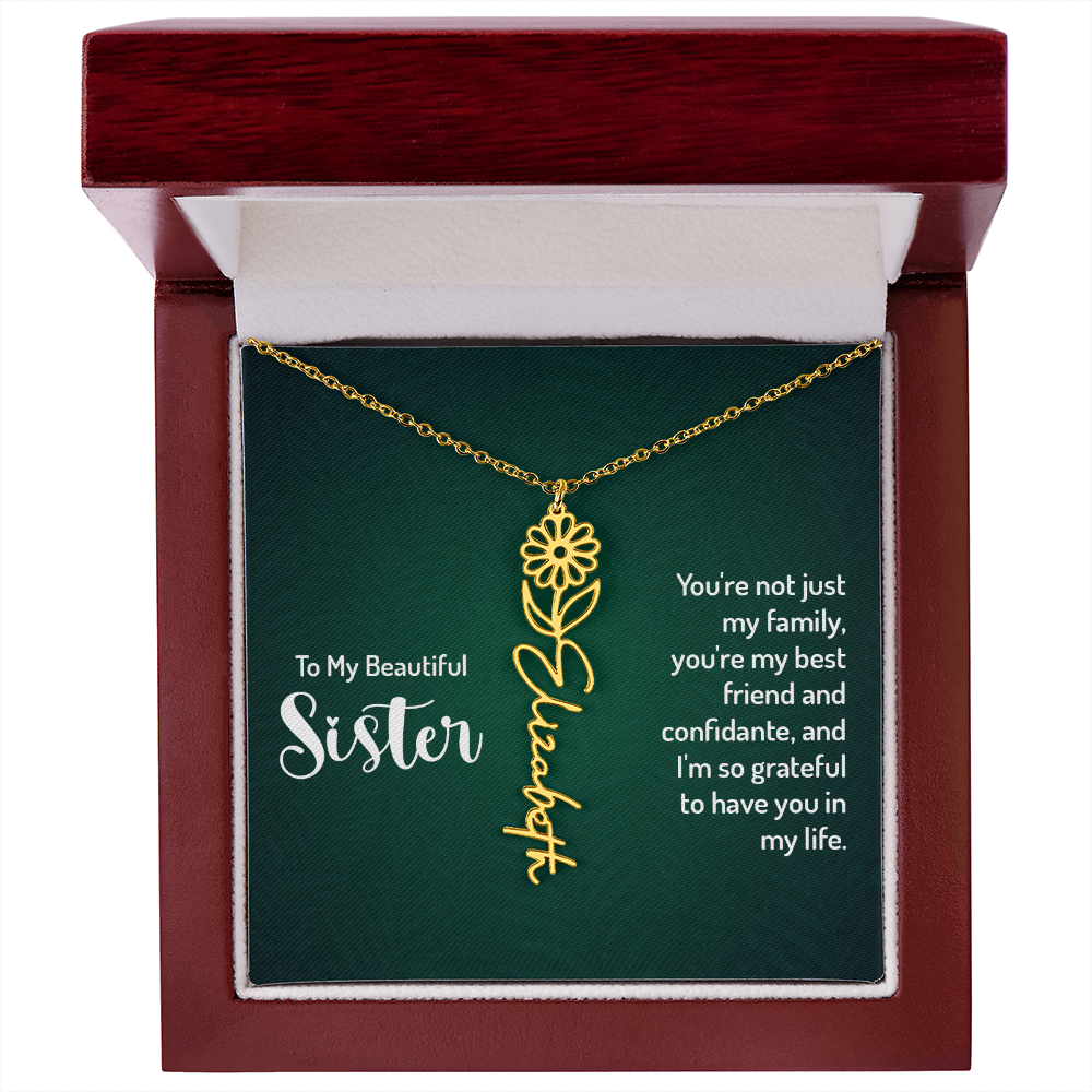 Personalized Flower Name Necklace with Sister Message Card – Custom Birth Flower Jewelry Gift for Sister