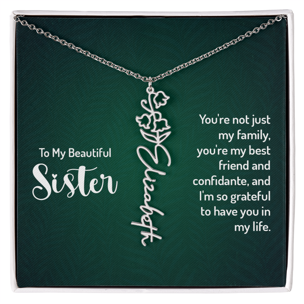 Personalized Flower Name Necklace with Sister Message Card – Custom Birth Flower Jewelry Gift for Sister