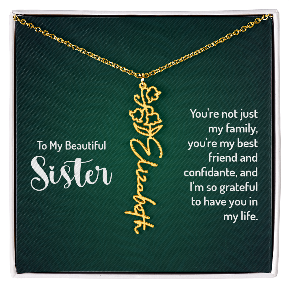 Personalized Flower Name Necklace with Sister Message Card – Custom Birth Flower Jewelry Gift for Sister
