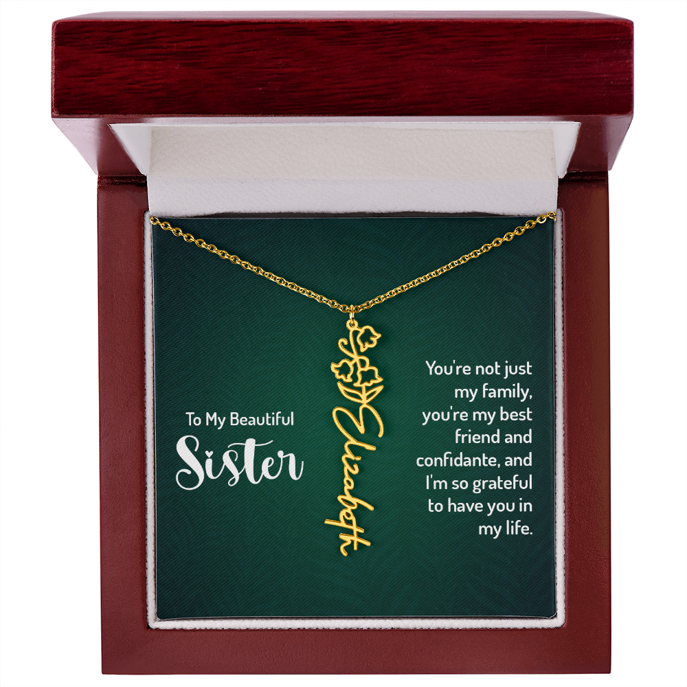 Personalized Flower Name Necklace with Sister Message Card – Custom Birth Flower Jewelry Gift for Sister