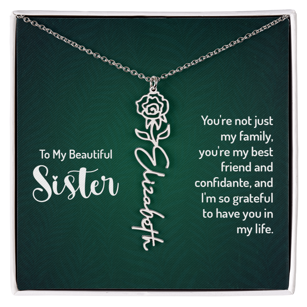Personalized Flower Name Necklace with Sister Message Card – Custom Birth Flower Jewelry Gift for Sister