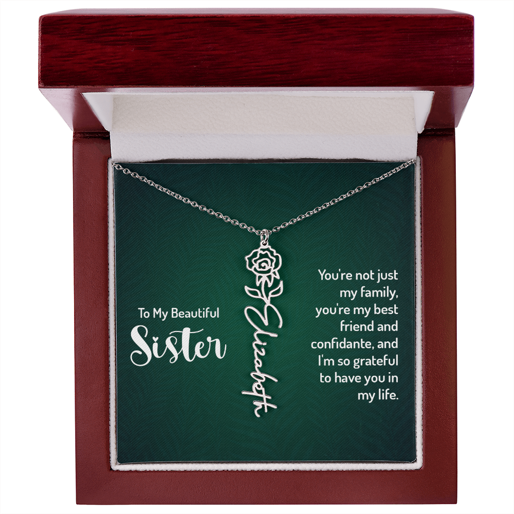 Personalized Flower Name Necklace with Sister Message Card – Custom Birth Flower Jewelry Gift for Sister