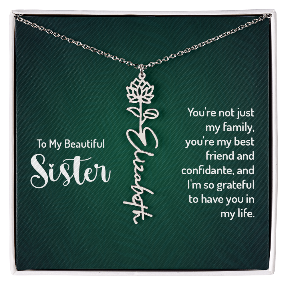 Personalized Flower Name Necklace with Sister Message Card – Custom Birth Flower Jewelry Gift for Sister