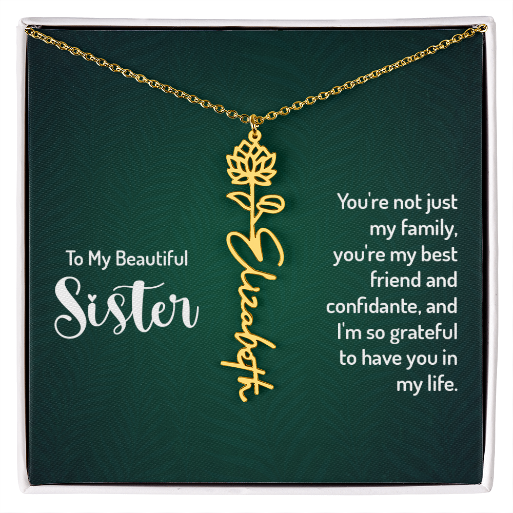 Personalized Flower Name Necklace with Sister Message Card – Custom Birth Flower Jewelry Gift for Sister