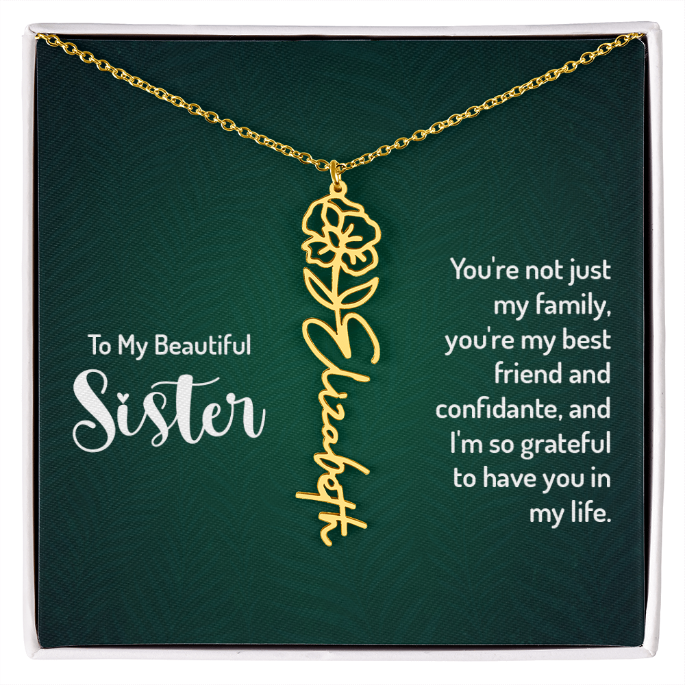 Personalized Flower Name Necklace with Sister Message Card – Custom Birth Flower Jewelry Gift for Sister