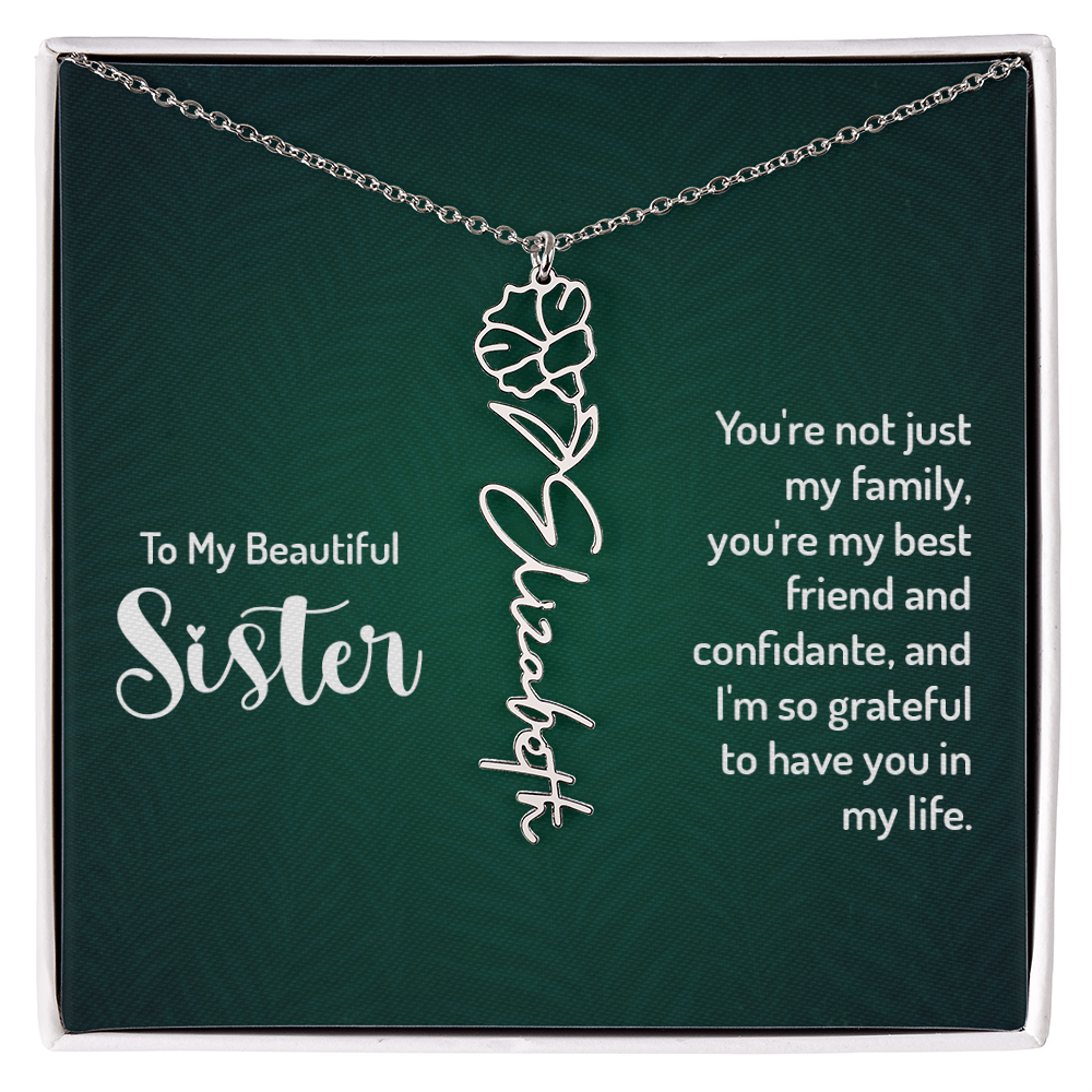 Personalized Flower Name Necklace with Sister Message Card – Custom Birth Flower Jewelry Gift for Sister