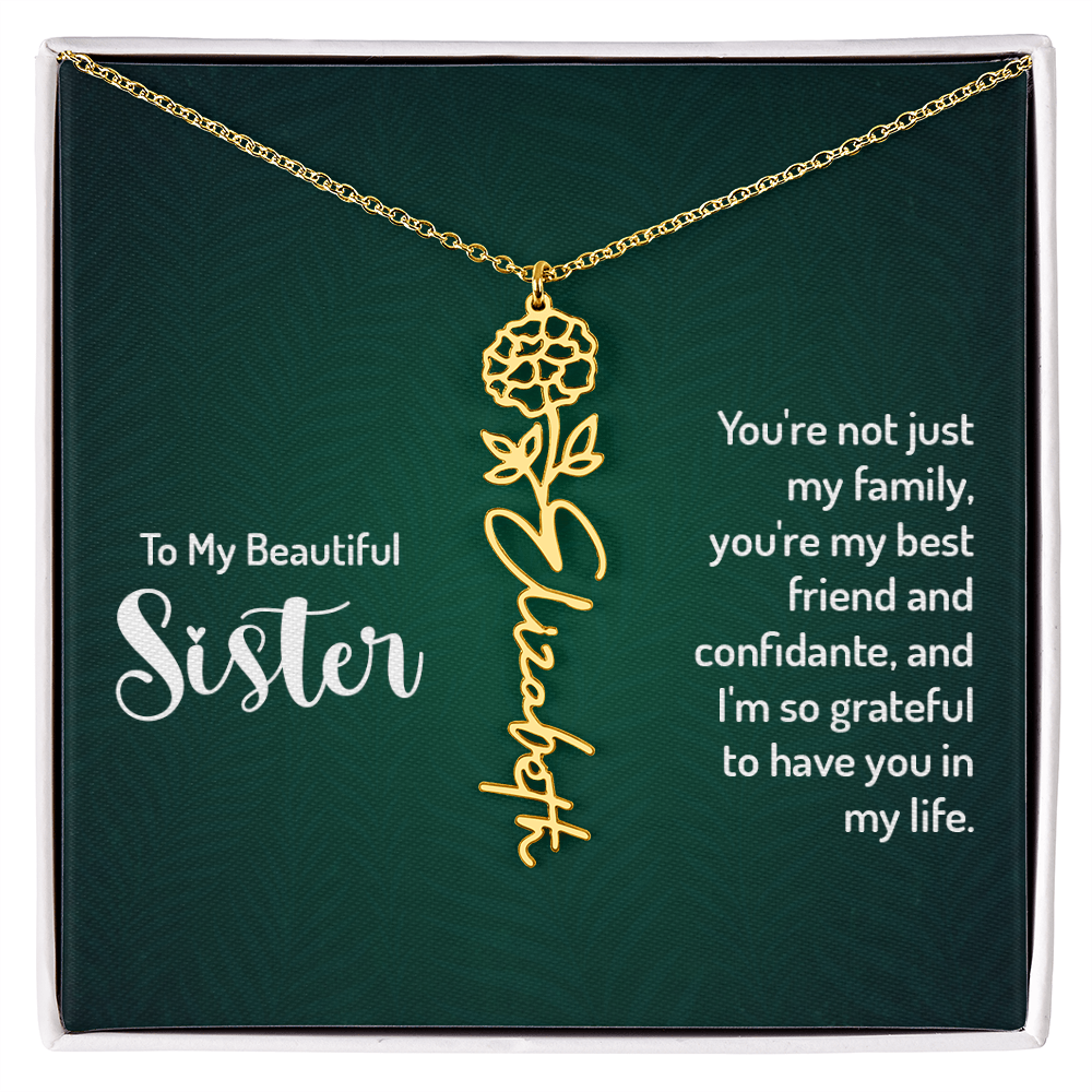 Personalized Flower Name Necklace with Sister Message Card – Custom Birth Flower Jewelry Gift for Sister