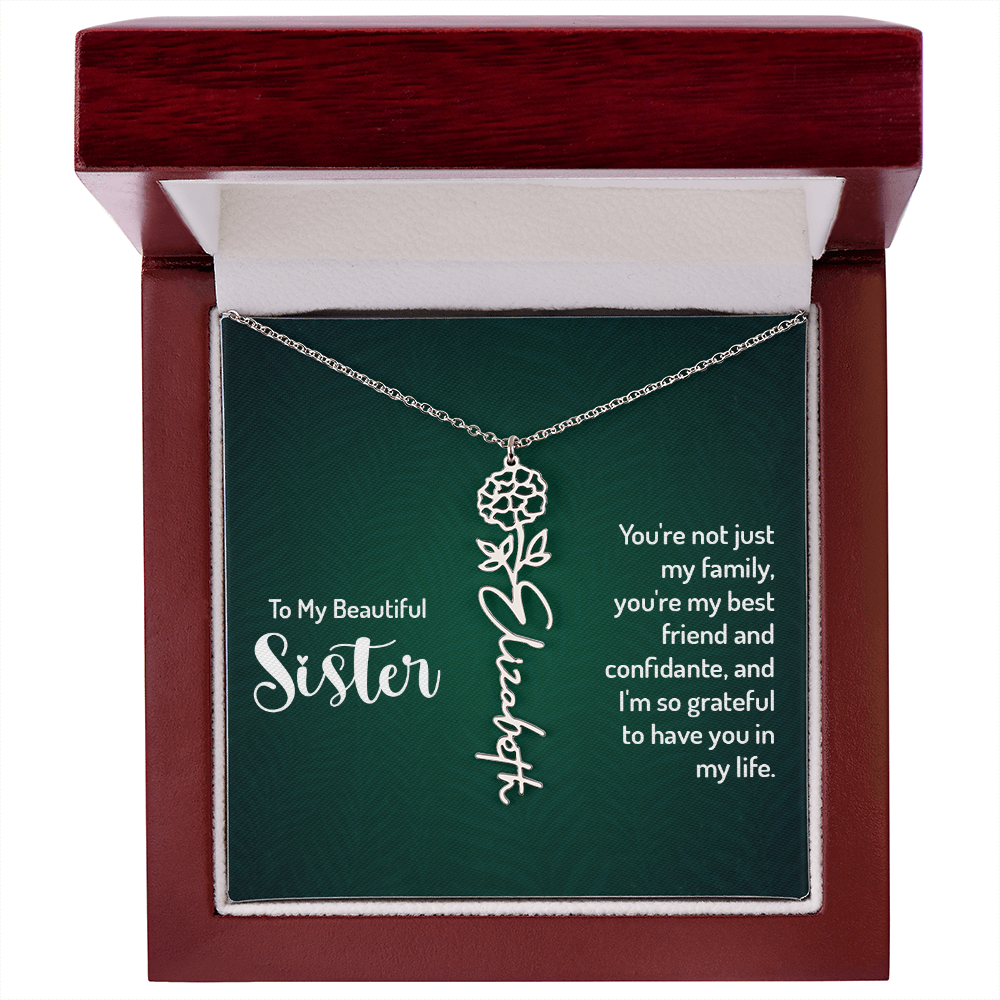 Personalized Flower Name Necklace with Sister Message Card – Custom Birth Flower Jewelry Gift for Sister