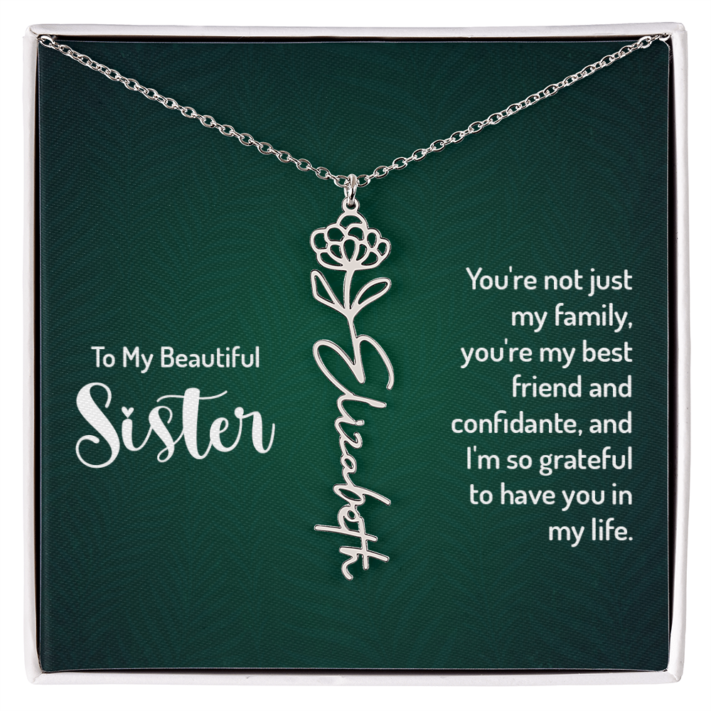 Personalized Flower Name Necklace with Sister Message Card – Custom Birth Flower Jewelry Gift for Sister