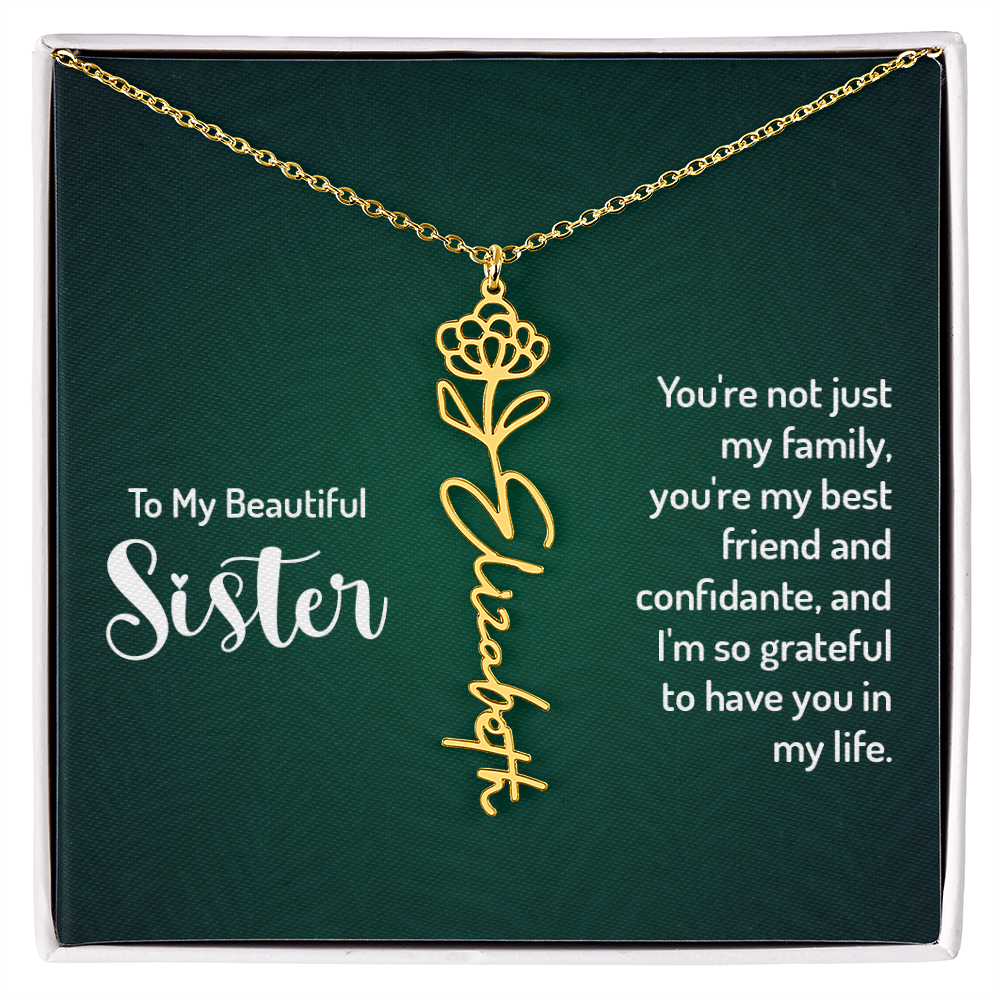 Personalized Flower Name Necklace with Sister Message Card – Custom Birth Flower Jewelry Gift for Sister