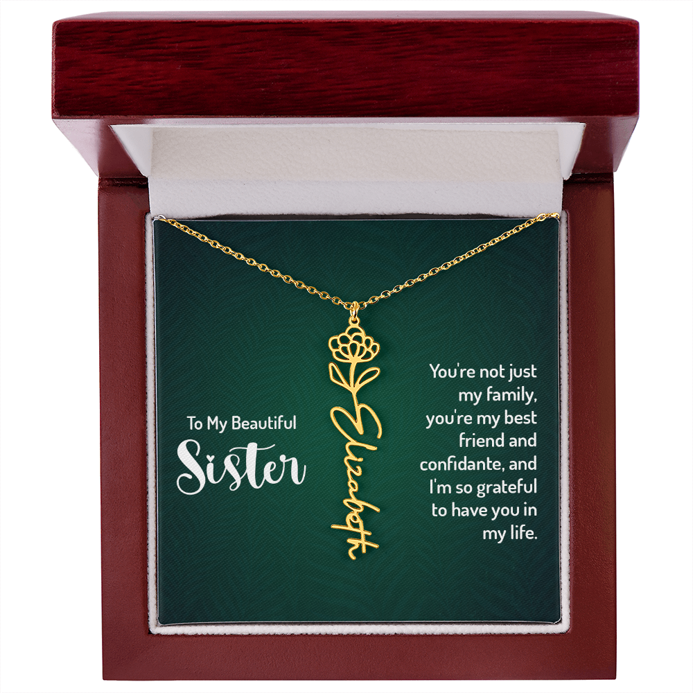 Personalized Flower Name Necklace with Sister Message Card – Custom Birth Flower Jewelry Gift for Sister
