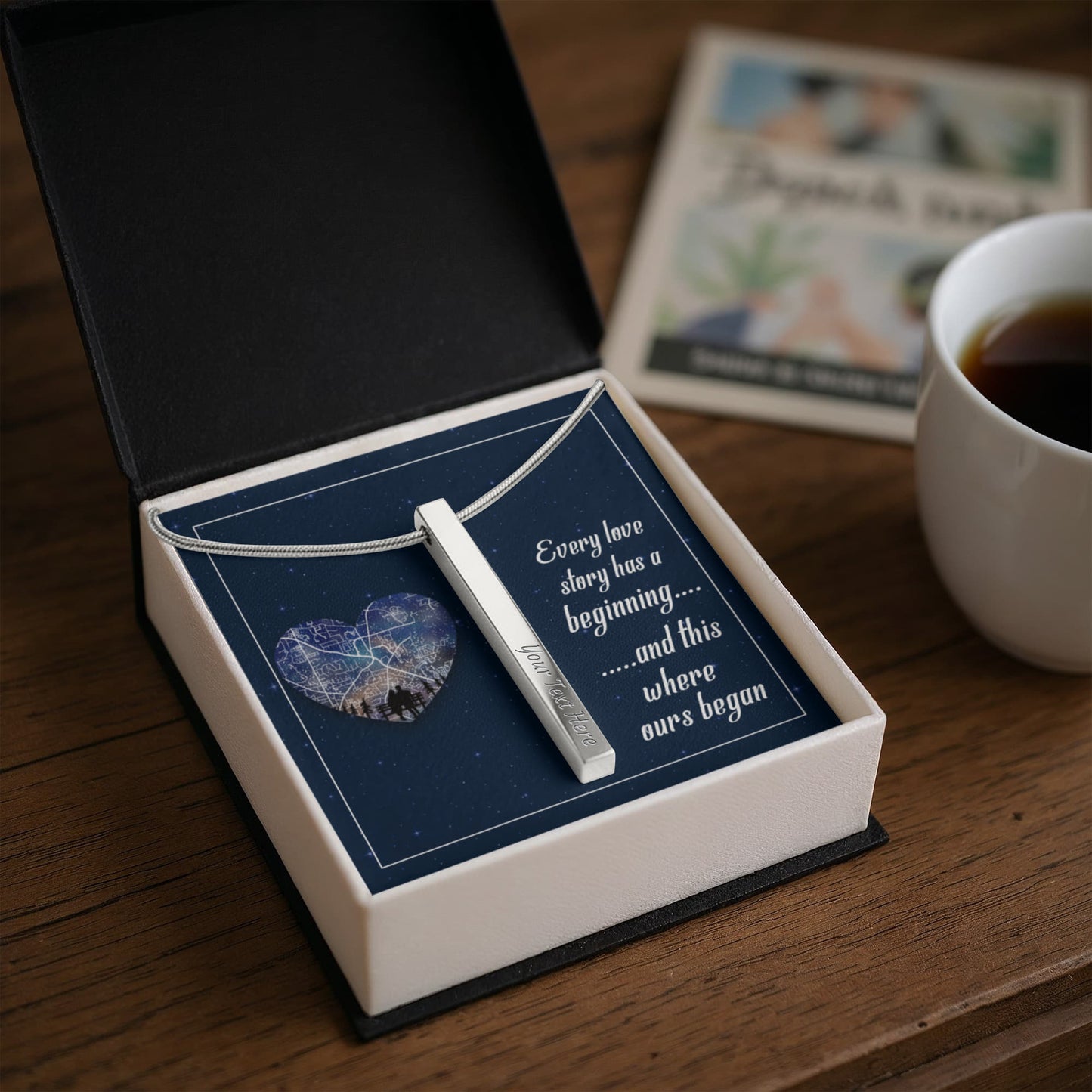 Custom Engraved 4-Sided Stick Necklace with Romantic Message Card – Personalized Love Story Gift for Wife, Girlfriend, Anniversary or Valentine's Day