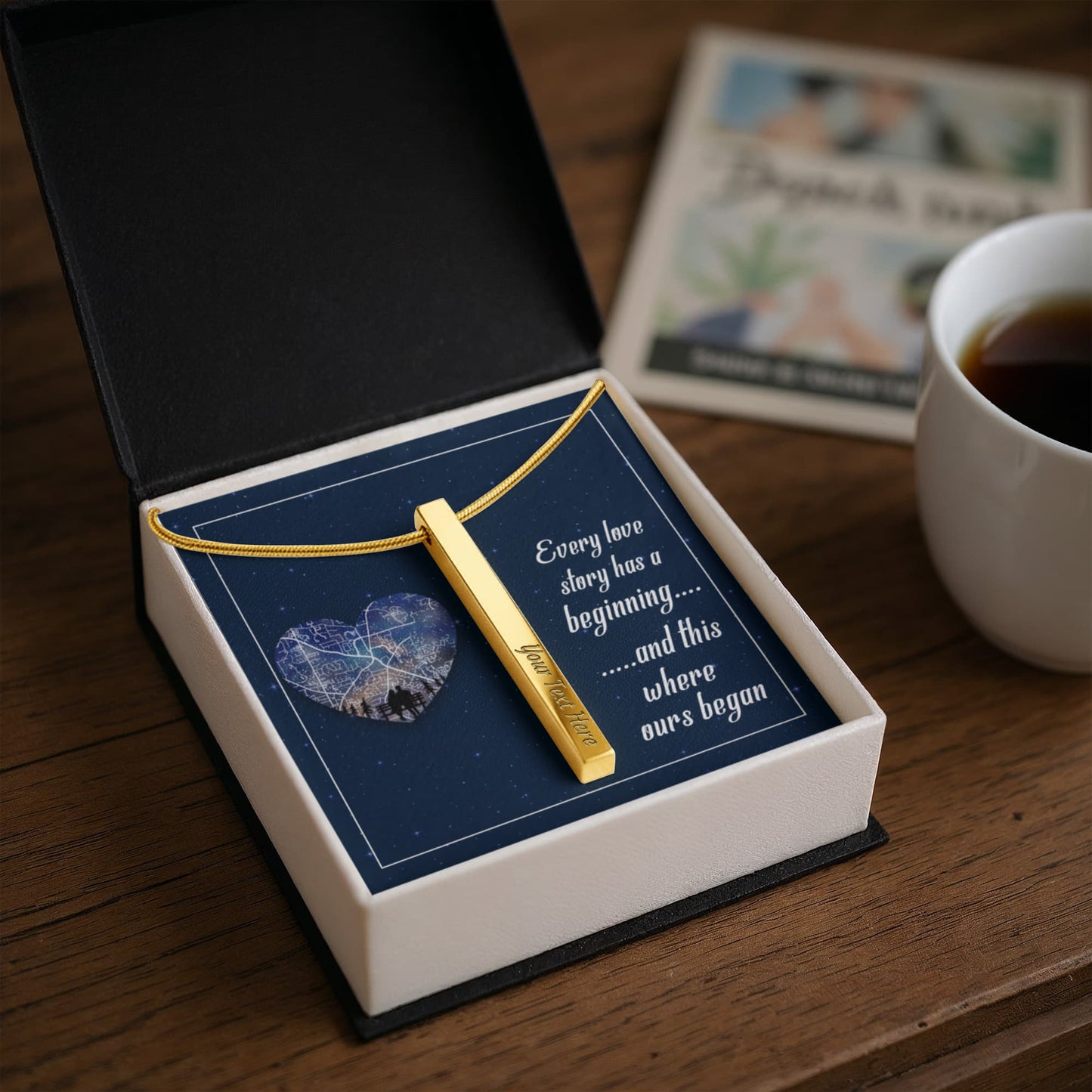Custom Engraved 4-Sided Stick Necklace with Romantic Message Card – Personalized Love Story Gift for Wife, Girlfriend, Anniversary or Valentine's Day