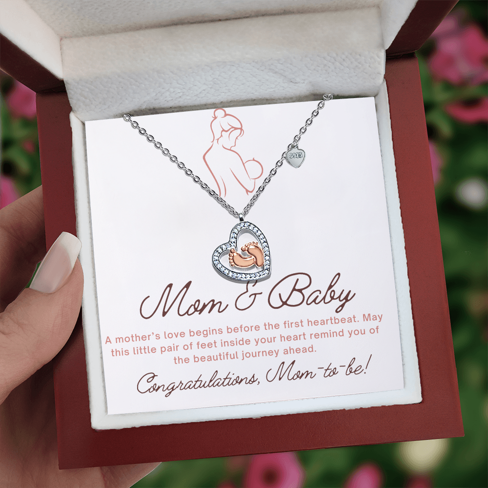 Baby Feet Heart Necklace with Baby Shower Message Card – Gift for Mom-to-Be